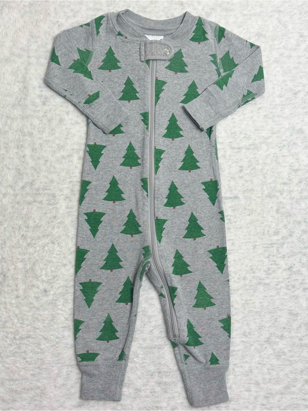 Hanna Andersson Gray Footed One-Piece with Green Tree Print